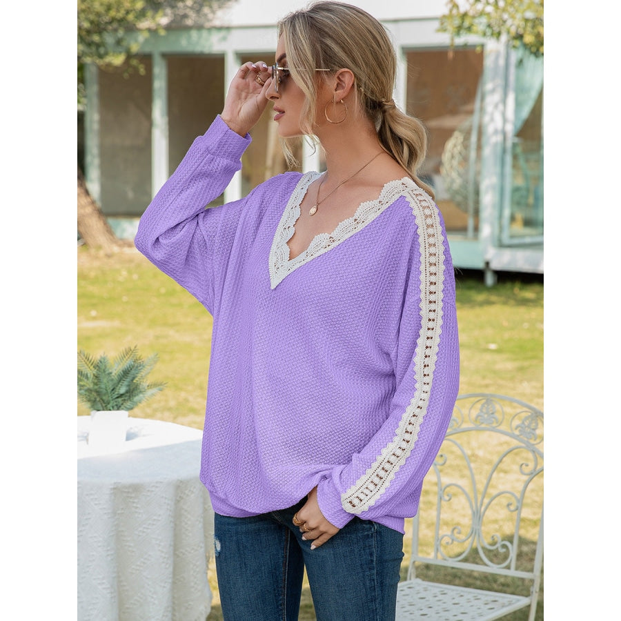 Contrast Spliced Lace V-Neck Top Lavender / S