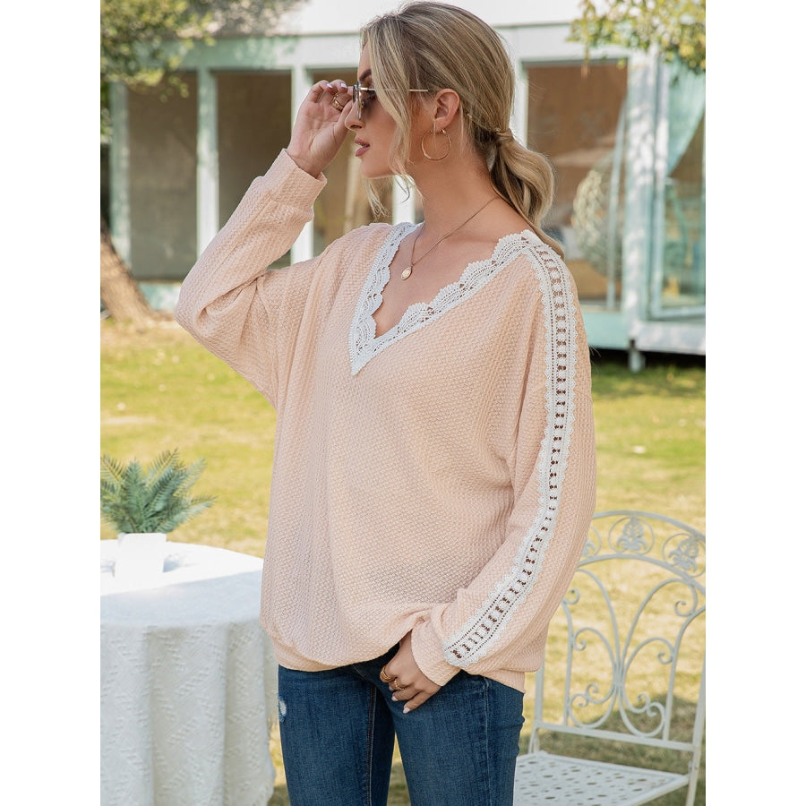 Contrast Spliced Lace V-Neck Top Light Apricot / S