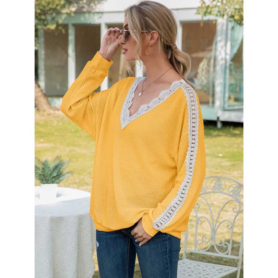 Contrast Spliced Lace V-Neck Top Mustard / S