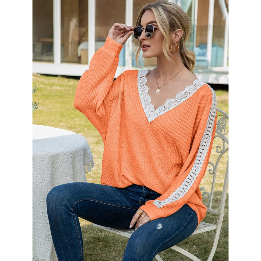 Contrast Spliced Lace V-Neck Top Orange / S