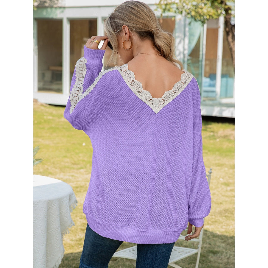 Contrast Spliced Lace V-Neck Top Lavender / S