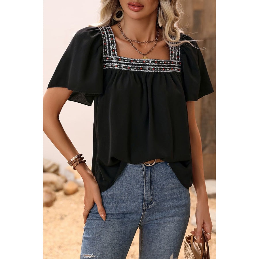 Contrast Square Neck Puff Sleeve Blouse Black / S