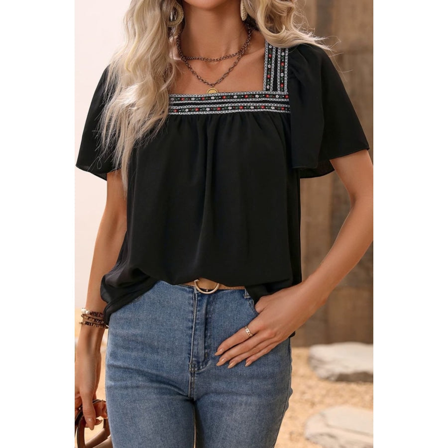 Contrast Square Neck Puff Sleeve Blouse