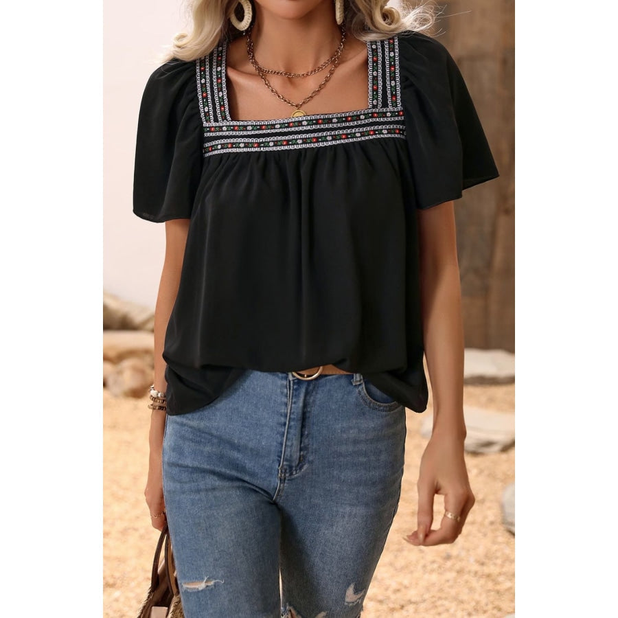 Contrast Square Neck Puff Sleeve Blouse