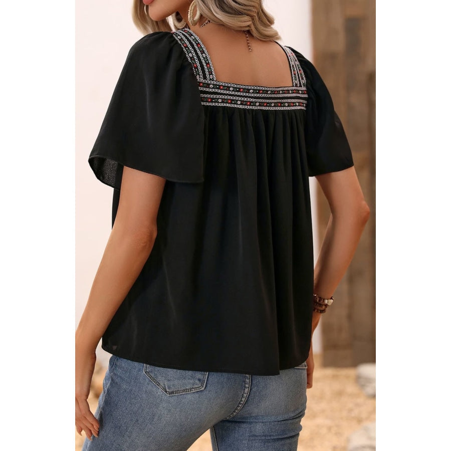 Contrast Square Neck Puff Sleeve Blouse