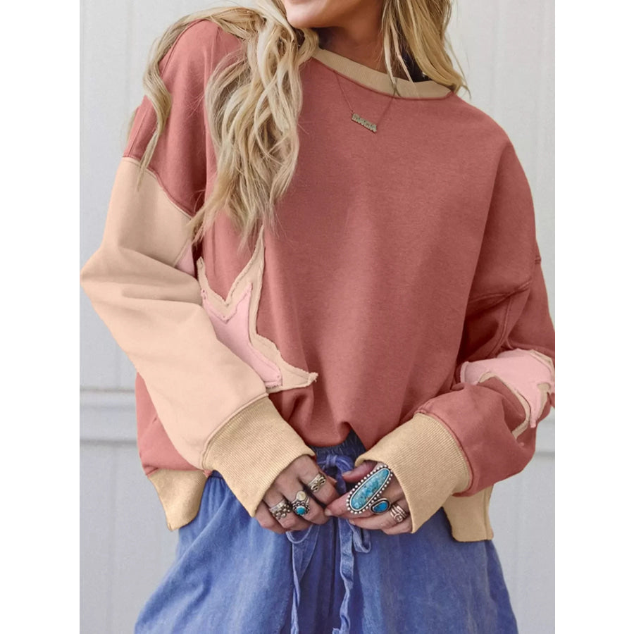 Contrast Star Patchwork Exposed Seam Uneven Hem Drop Shoulder Sweatshirt Apparel and Accessories