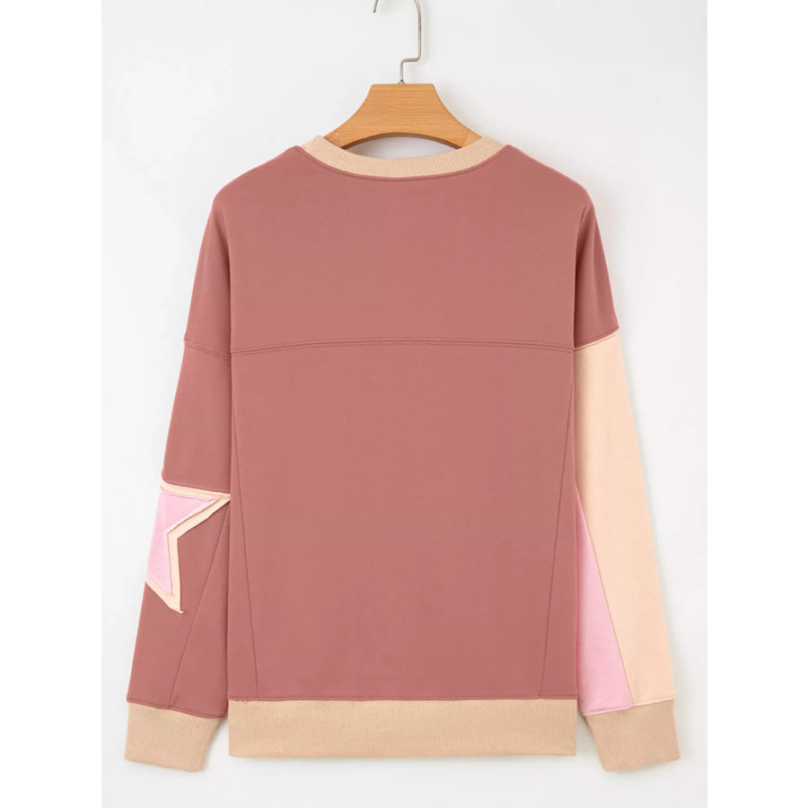 Contrast Star Patchwork Exposed Seam Uneven Hem Drop Shoulder Sweatshirt Apparel and Accessories