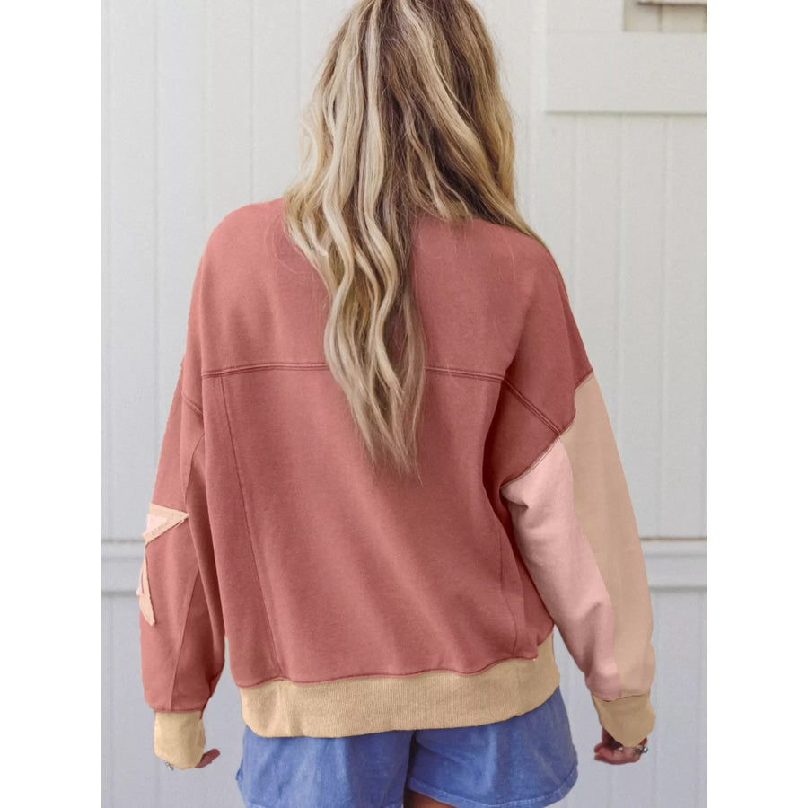 Contrast Star Patchwork Exposed Seam Uneven Hem Drop Shoulder Sweatshirt Apparel and Accessories