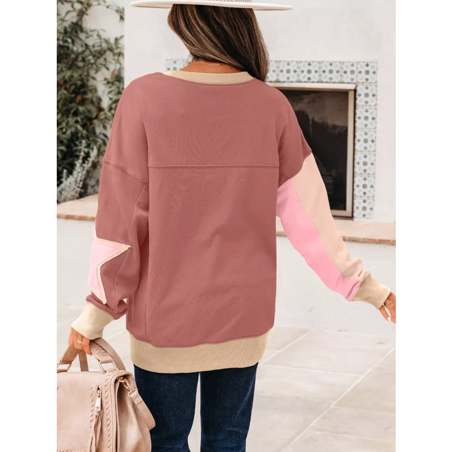 Contrast Star Patchwork Exposed Seam Uneven Hem Drop Shoulder Sweatshirt Apparel and Accessories
