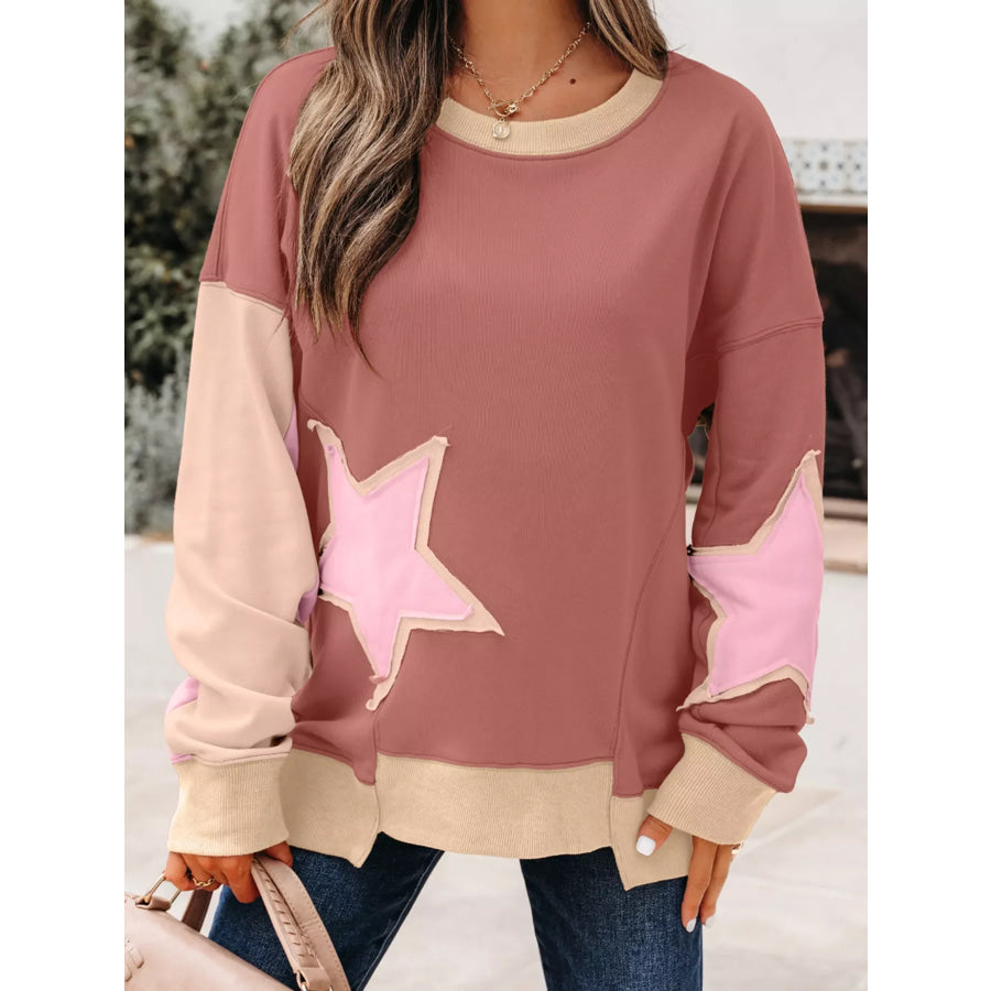 Contrast Star Patchwork Exposed Seam Uneven Hem Drop Shoulder Sweatshirt Apparel and Accessories
