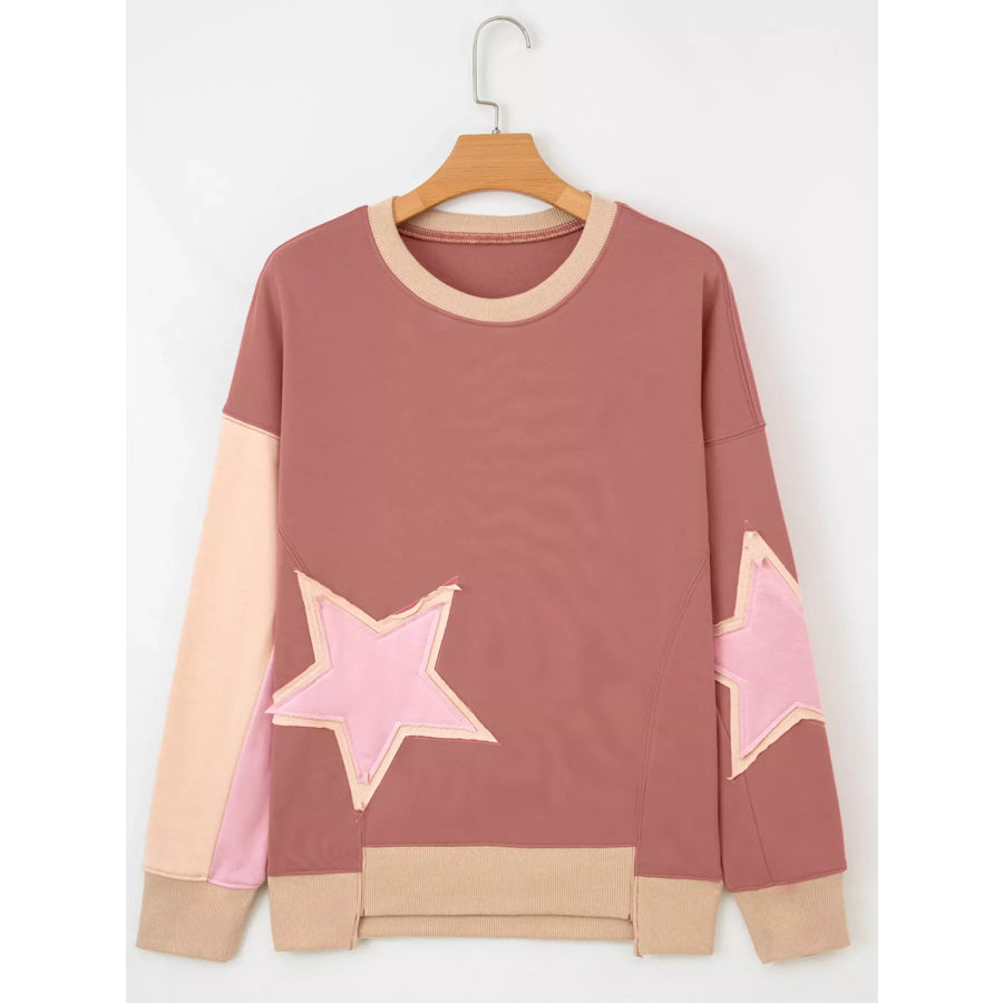 Contrast Star Patchwork Exposed Seam Uneven Hem Drop Shoulder Sweatshirt Apparel and Accessories
