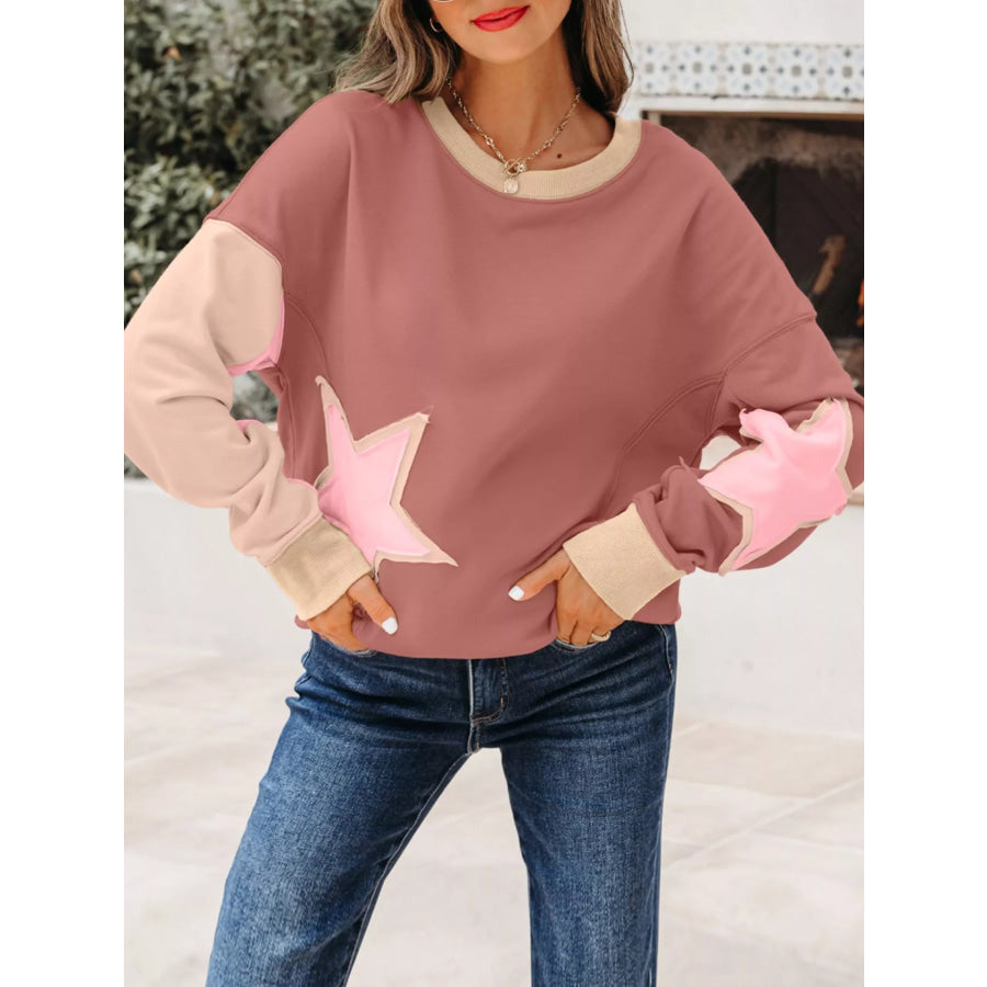 Contrast Star Patchwork Exposed Seam Uneven Hem Drop Shoulder Sweatshirt Dusty Pink / S Apparel and Accessories