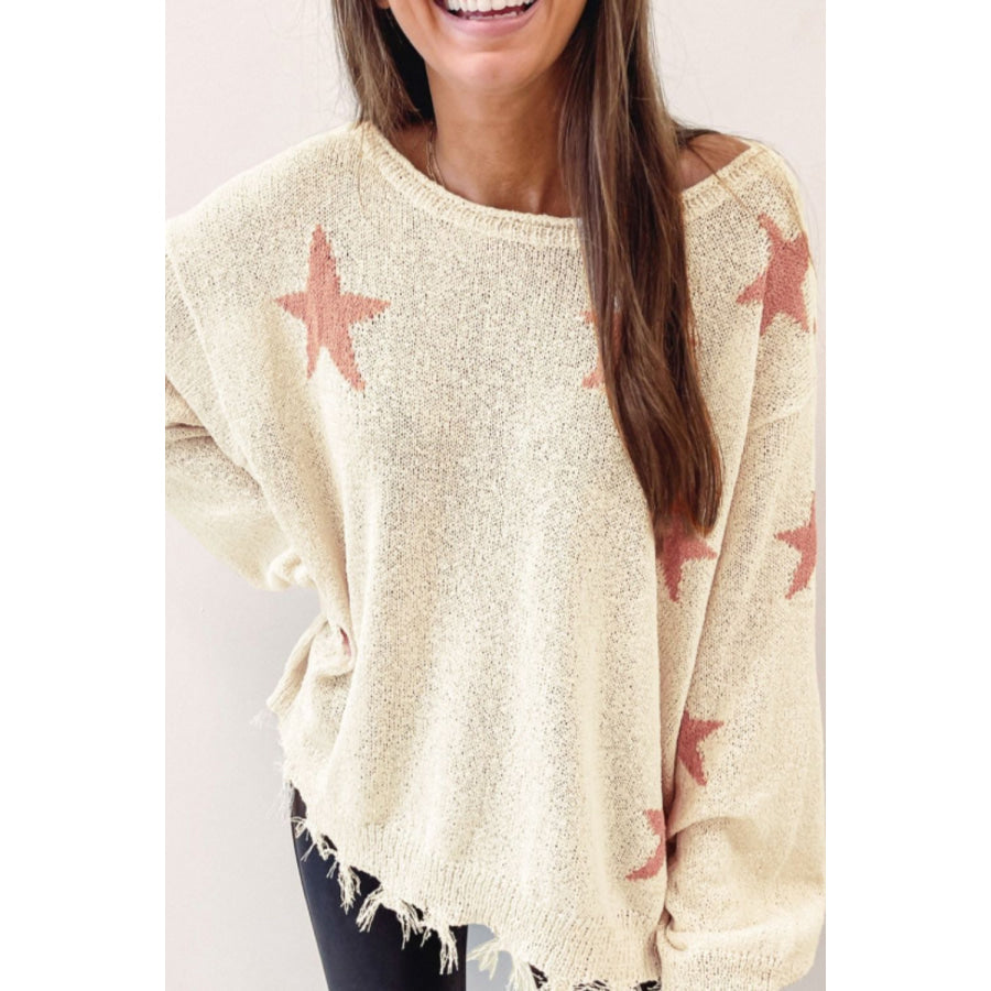 Contrast Star Raw Hem Long Sleeve Knit Top Apparel and Accessories