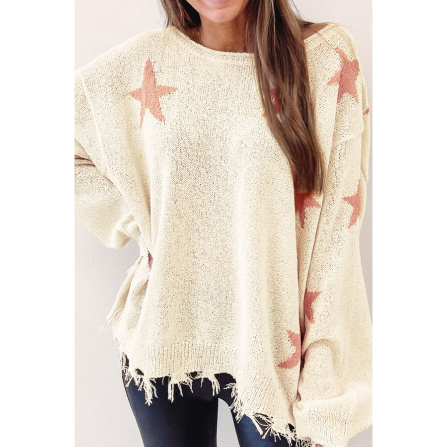 Contrast Star Raw Hem Long Sleeve Knit Top Apparel and Accessories