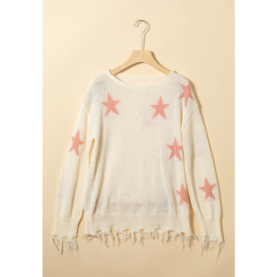 Contrast Star Raw Hem Long Sleeve Knit Top Apparel and Accessories