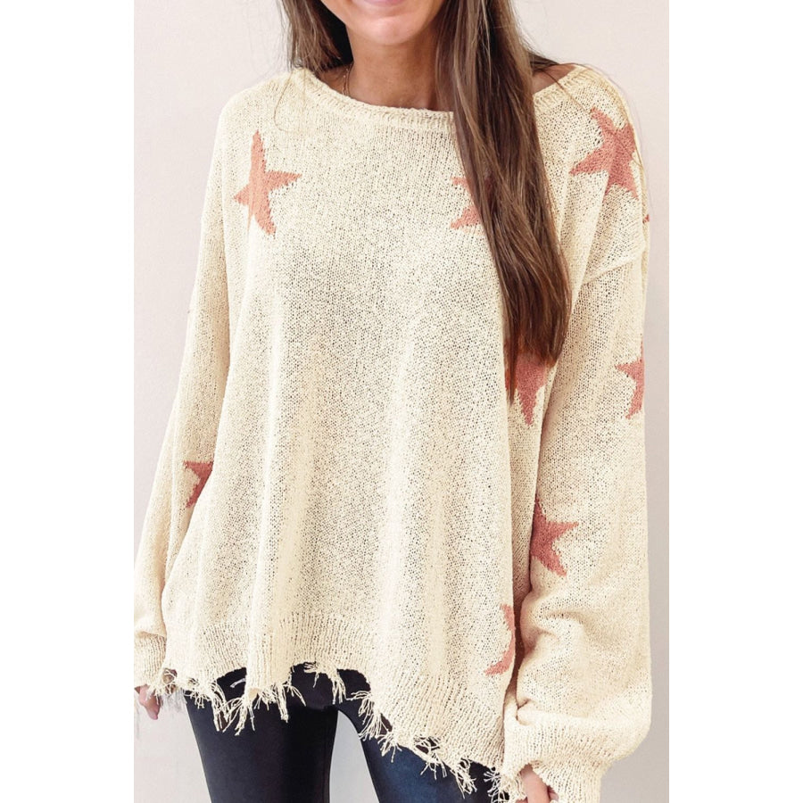 Contrast Star Raw Hem Long Sleeve Knit Top Apparel and Accessories