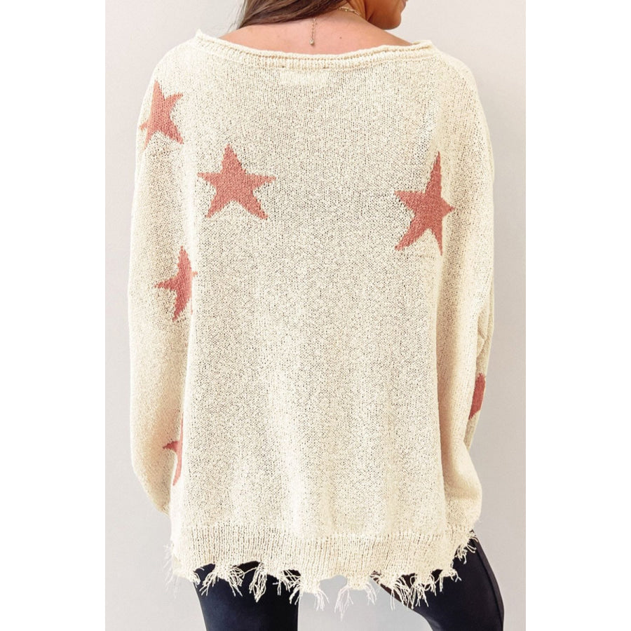 Contrast Star Raw Hem Long Sleeve Knit Top Apparel and Accessories