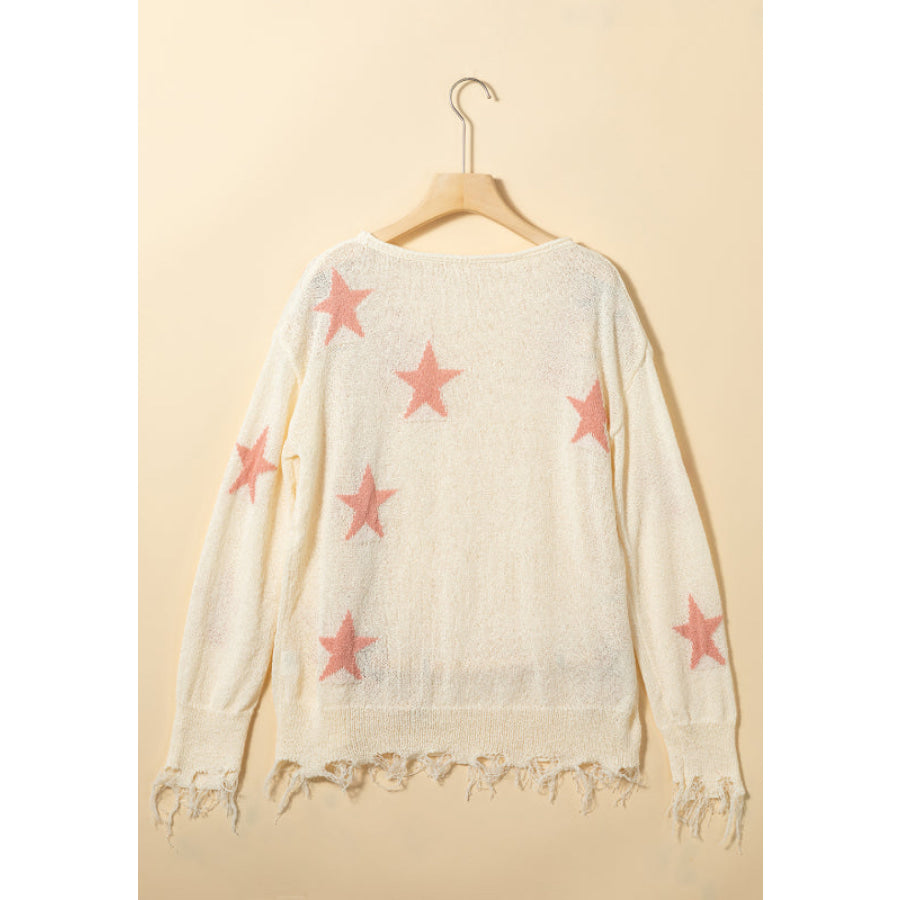 Contrast Star Raw Hem Long Sleeve Knit Top Apparel and Accessories