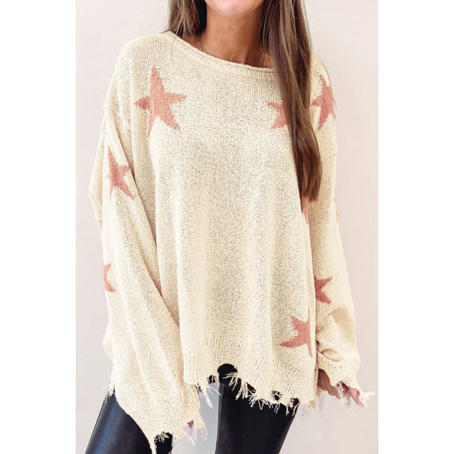 Contrast Star Raw Hem Long Sleeve Knit Top Cream / S Apparel and Accessories