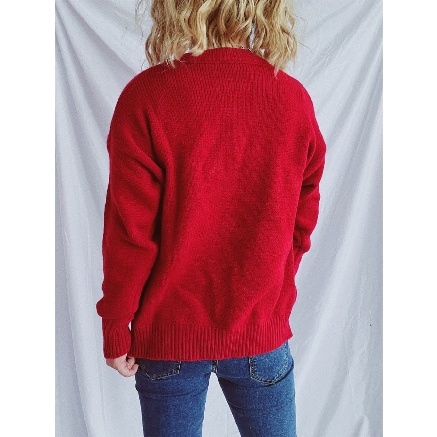 Contrast Star Round Neck Long Sleeve Sweater Apparel and Accessories