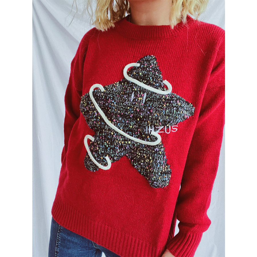 Contrast Star Round Neck Long Sleeve Sweater Apparel and Accessories