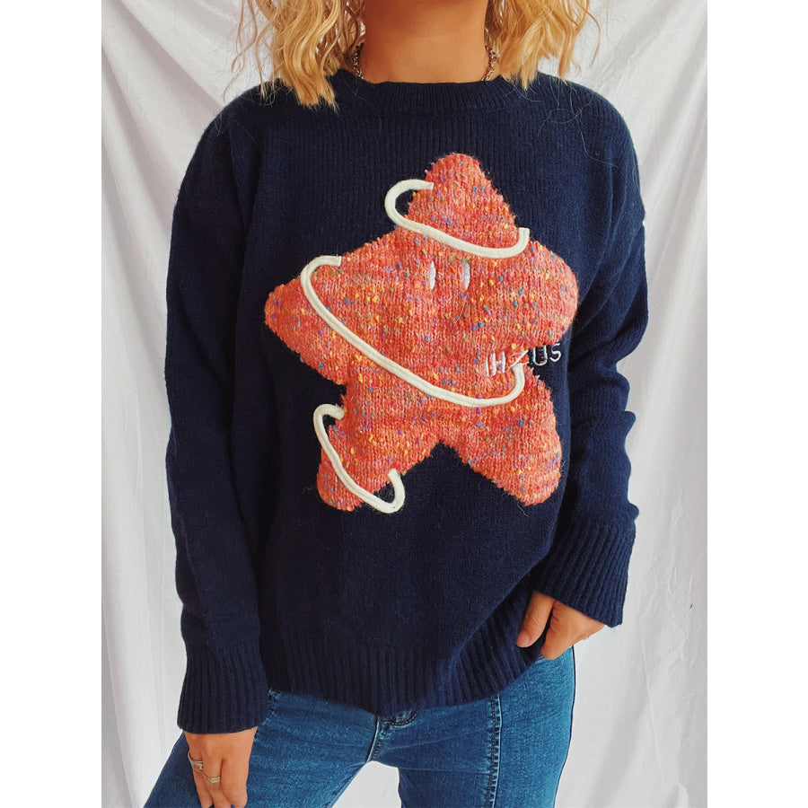 Contrast Star Round Neck Long Sleeve Sweater Indigo / One Size Apparel and Accessories