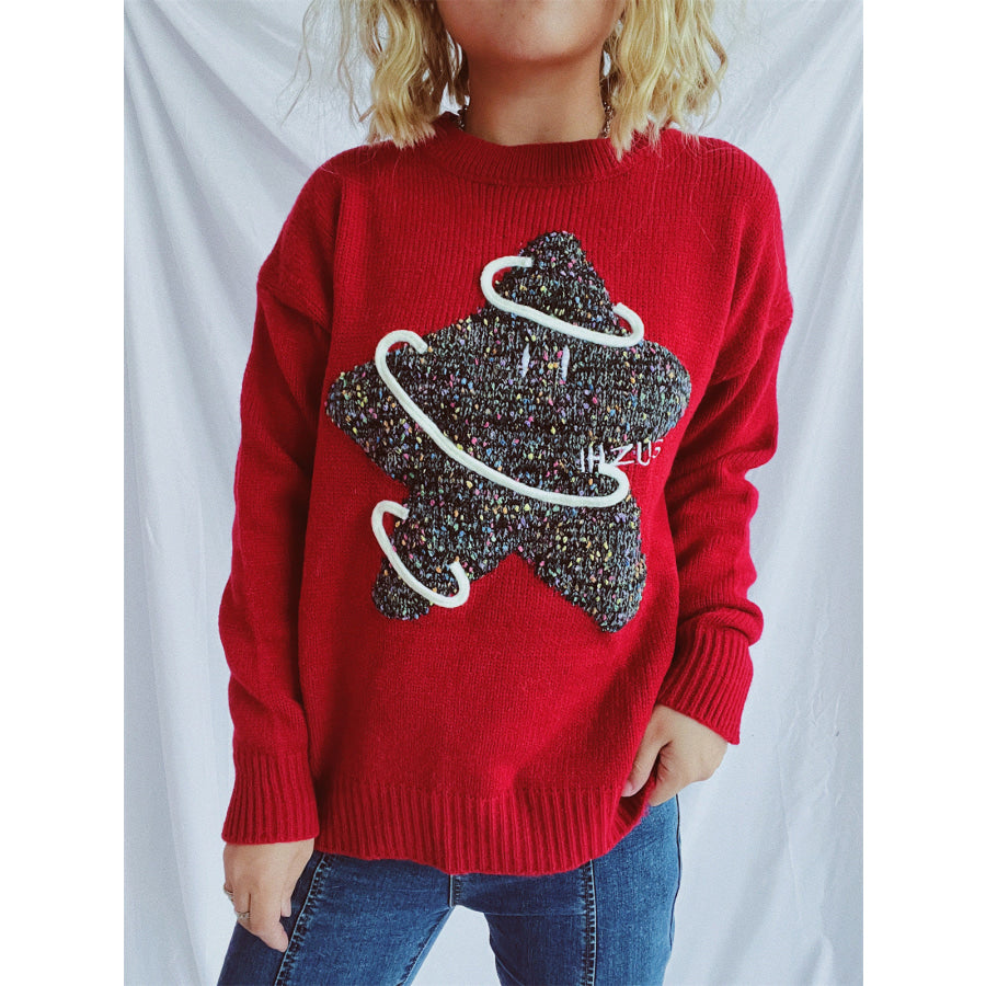 Contrast Star Round Neck Long Sleeve Sweater Scarlet / One Size Apparel and Accessories