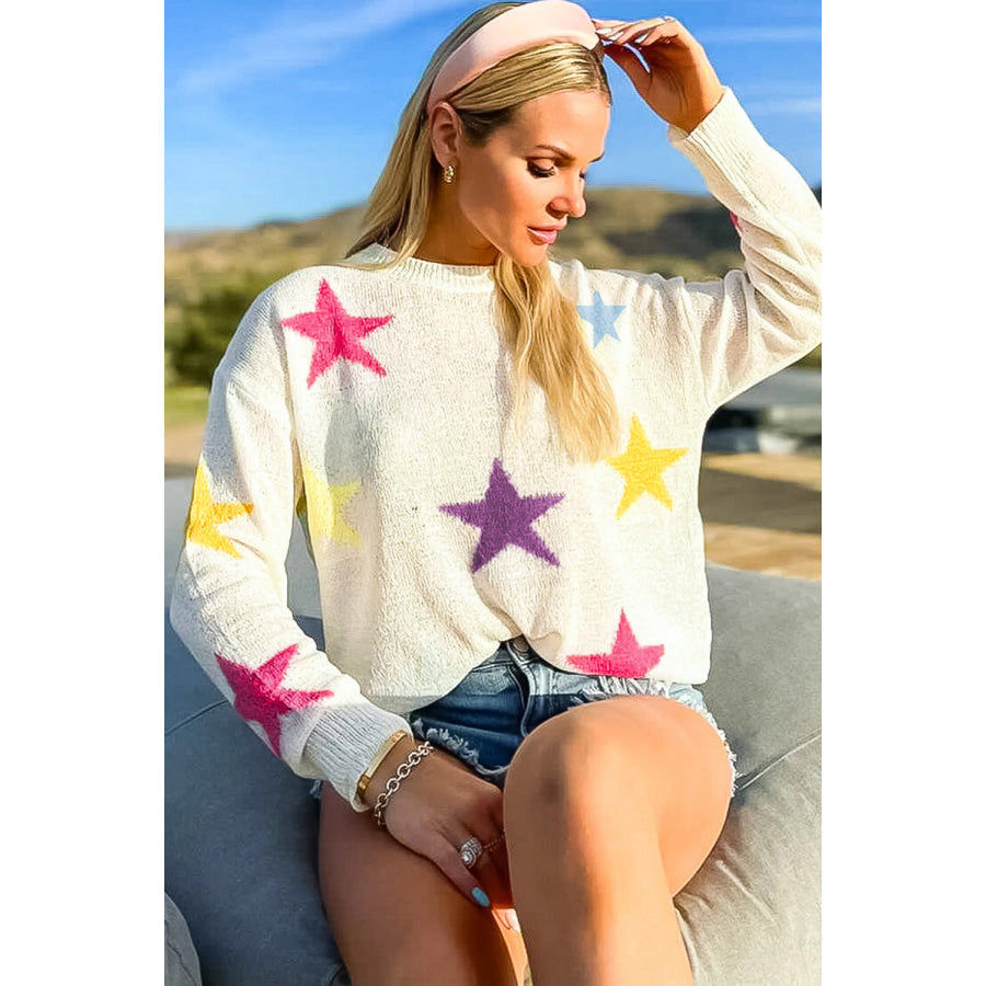 Contrast Star Round Neck Sweater White / S Apparel and Accessories