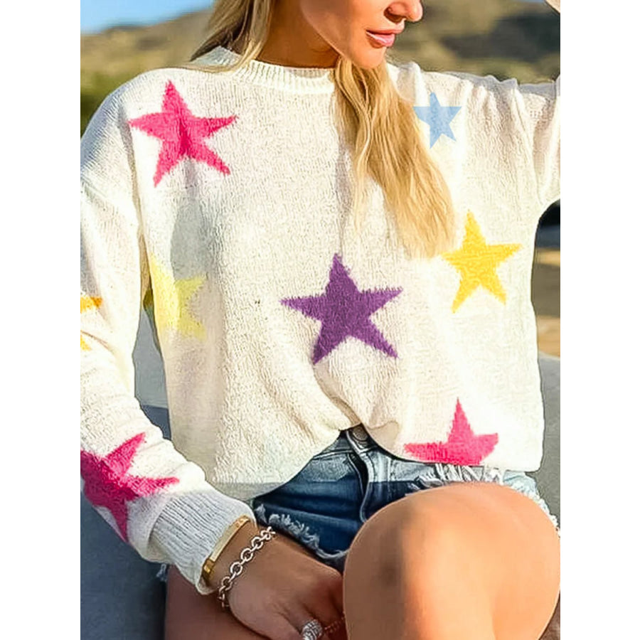 Contrast Star Round Neck Sweater White / S Apparel and Accessories