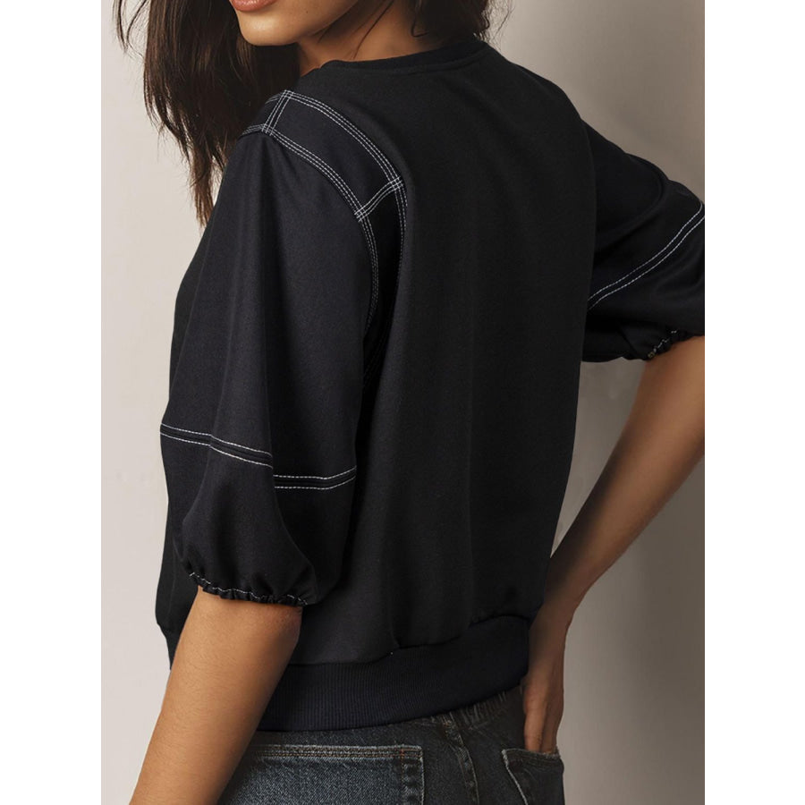 Contrast Stitches Detail Half Sleeve Blouse Apparel and Accessories