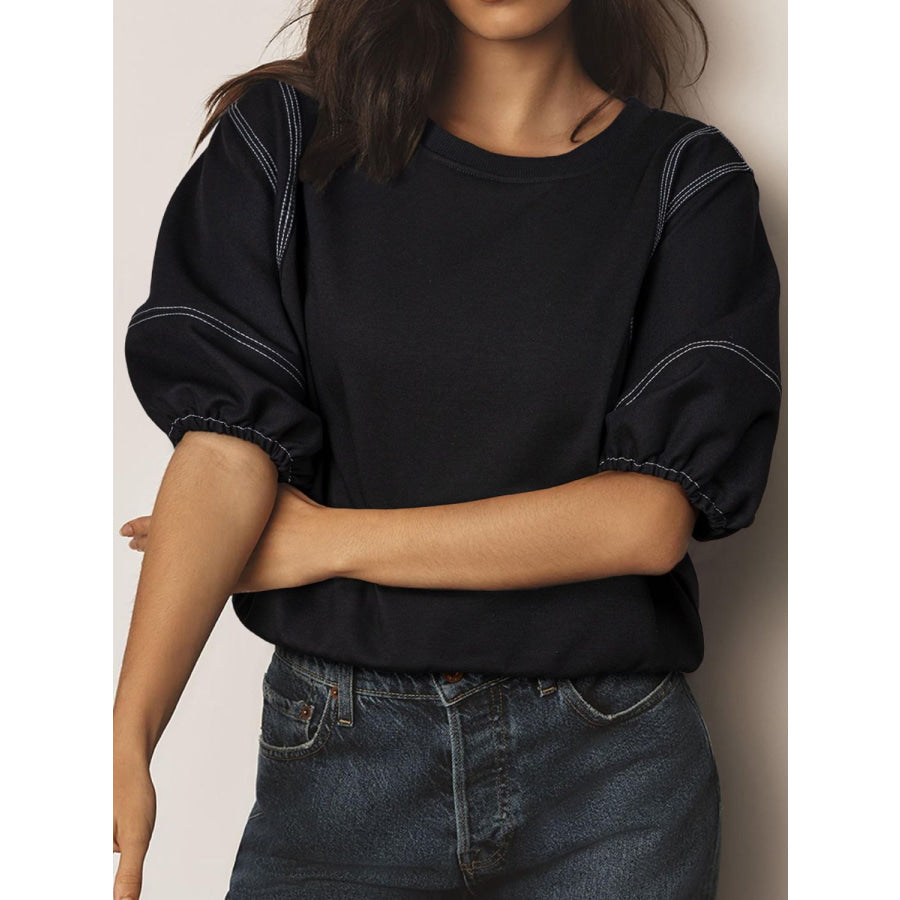 Contrast Stitches Detail Half Sleeve Blouse Black / S Apparel and Accessories