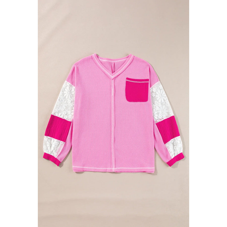 Contrast Stitching Lace Detail V-Neck Long Sleeve Top Fuchsia Pink / S Apparel and Accessories