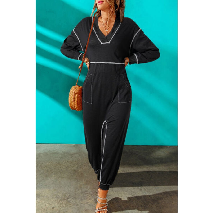 Contrast Stitching Pocketed Dropped Shoulder Jumpsuit Black / S Clothing