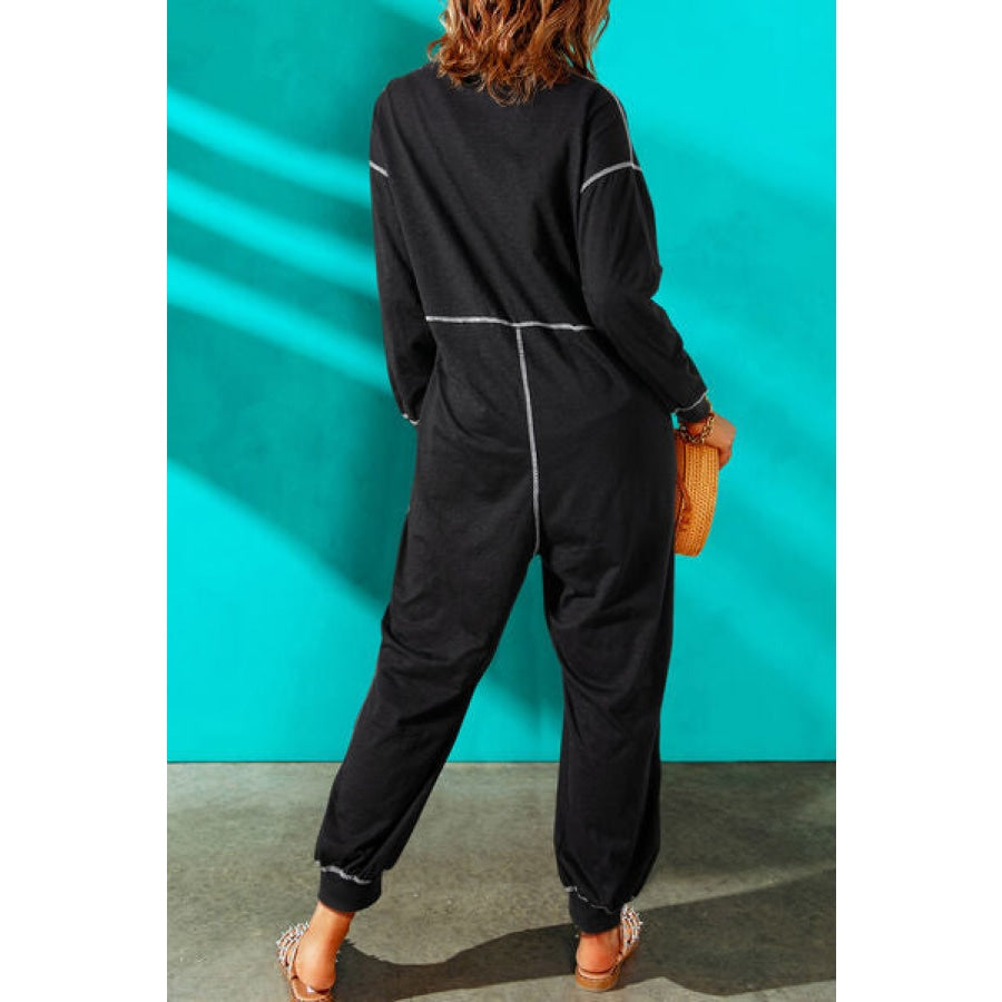 Contrast Stitching Pocketed Dropped Shoulder Jumpsuit Clothing