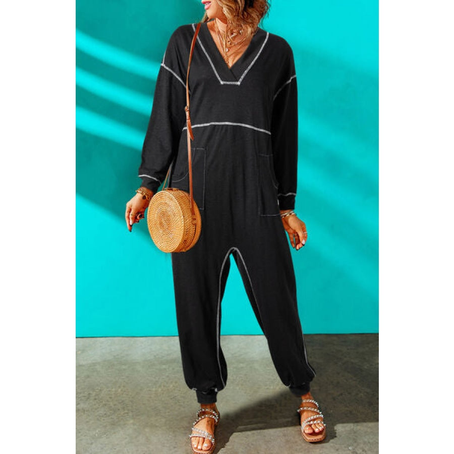 Contrast Stitching Pocketed Dropped Shoulder Jumpsuit Clothing