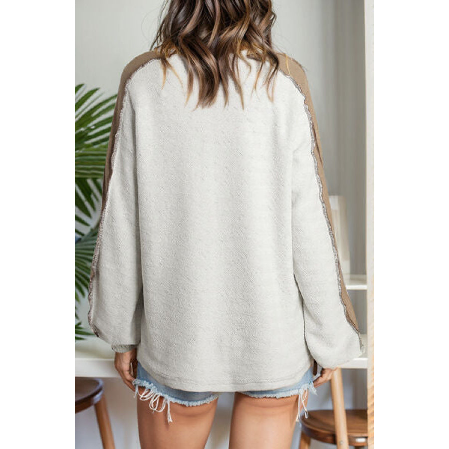 Contrast Stitching Round Neck Long Sleeve T - Shirt Apparel and Accessories