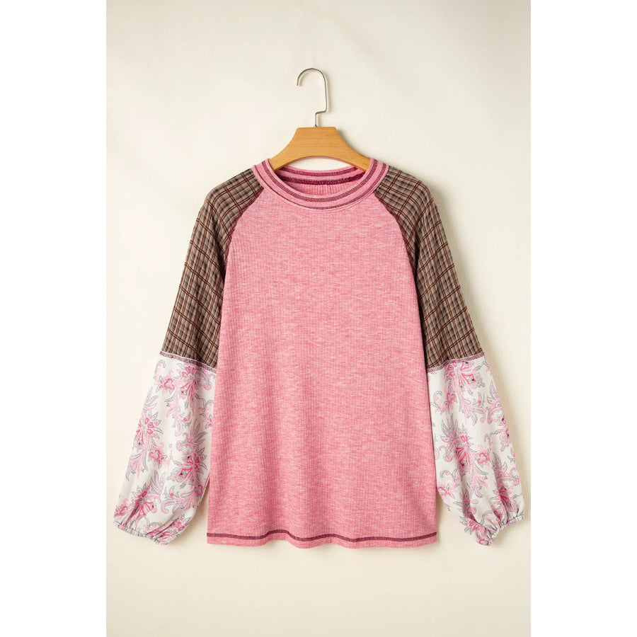 Contrast Stitching Round Neck Long Sleeve Top Apparel and Accessories