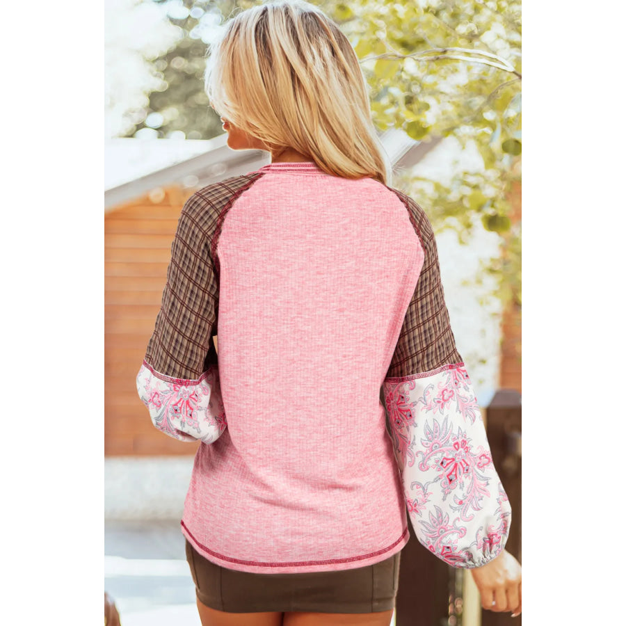 Contrast Stitching Round Neck Long Sleeve Top Dusty Pink / S Apparel and Accessories