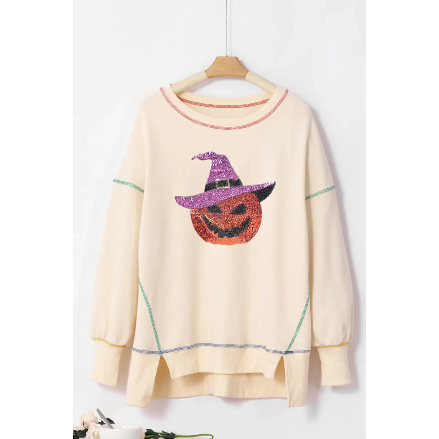 Contrast Stitching Sequin Pumpkin Round Neck Long Sleeve Sweatshirt Apparel and Accessories