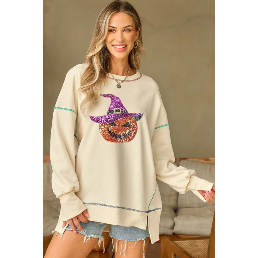 Contrast Stitching Sequin Pumpkin Round Neck Long Sleeve Sweatshirt Ivory / S Apparel and Accessories