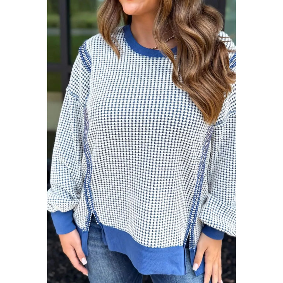 Contrast Stitching Slit Round Neck Sweatshirt Apparel and Accessories