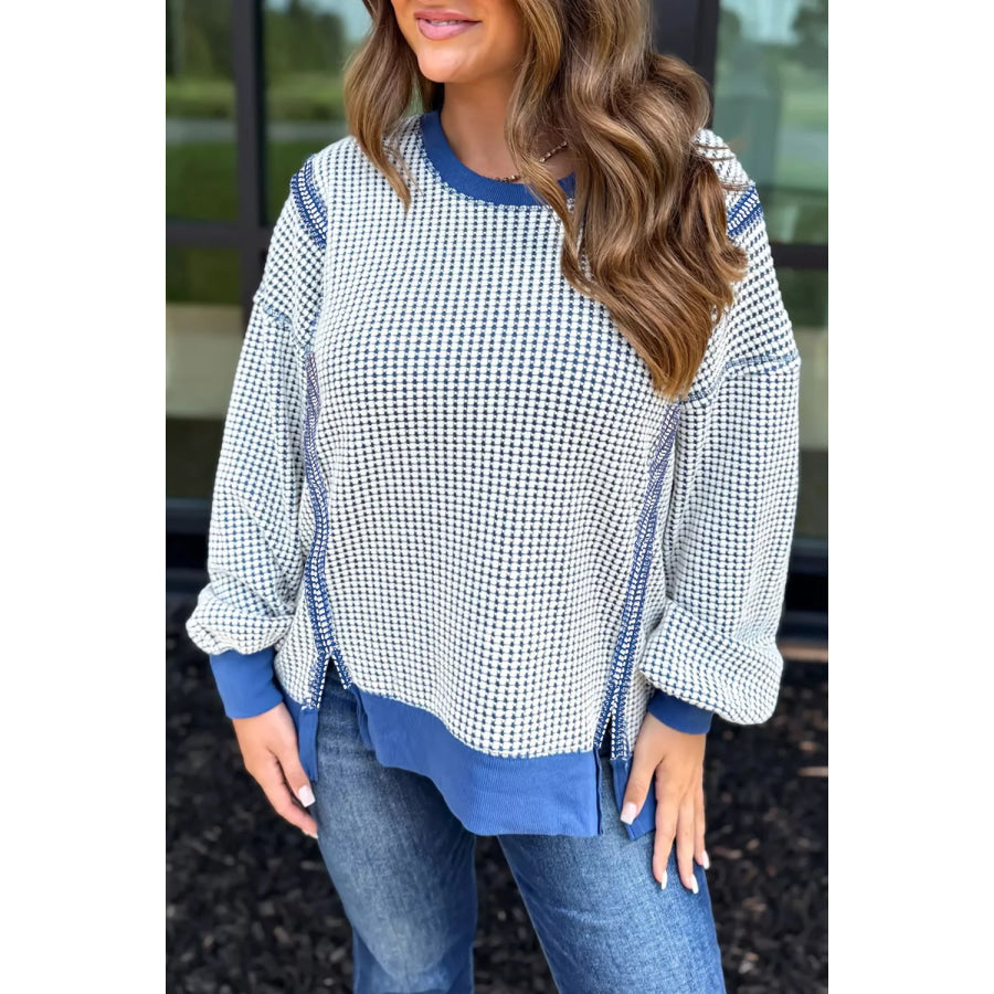 Contrast Stitching Slit Round Neck Sweatshirt Light Blue / S Apparel and Accessories