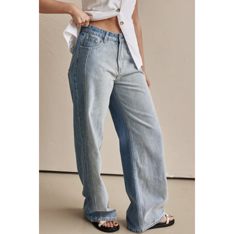 Contrast Straight Leg Jeans with Pockets Apparel and Accessories