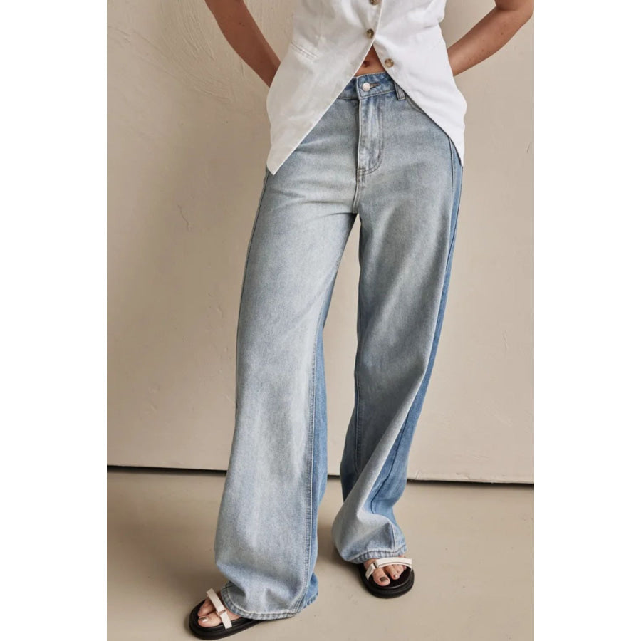 Contrast Straight Leg Jeans with Pockets Apparel and Accessories