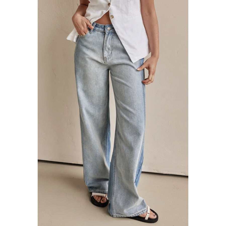 Contrast Straight Leg Jeans with Pockets Apparel and Accessories