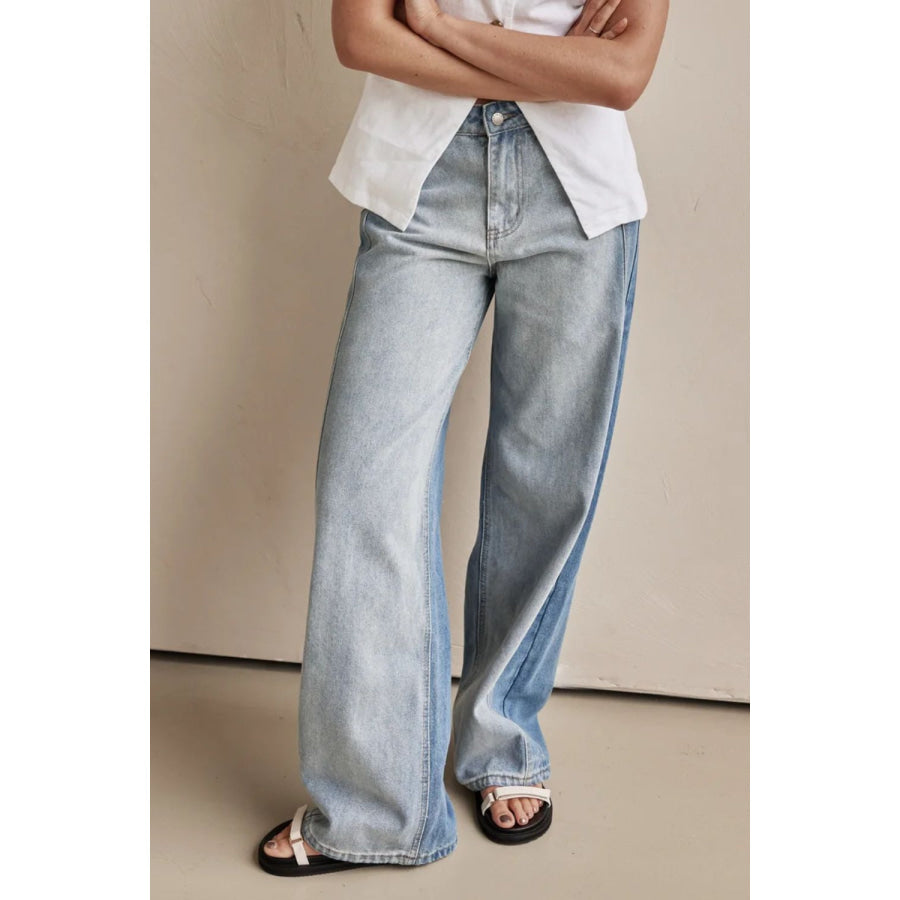 Contrast Straight Leg Jeans with Pockets Apparel and Accessories