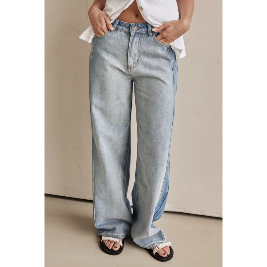 Contrast Straight Leg Jeans with Pockets Light / S Apparel and Accessories