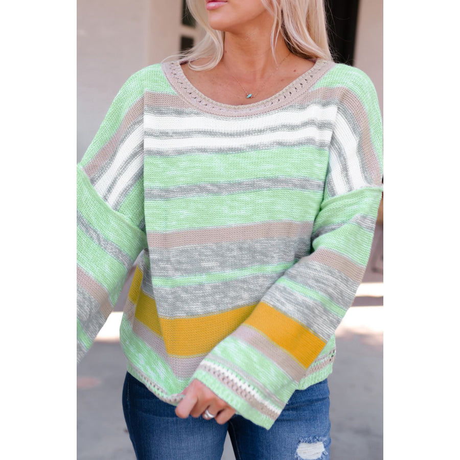 Contrast Striped Boat Neck Dropped Shoulder Sweater Apparel and Accessories