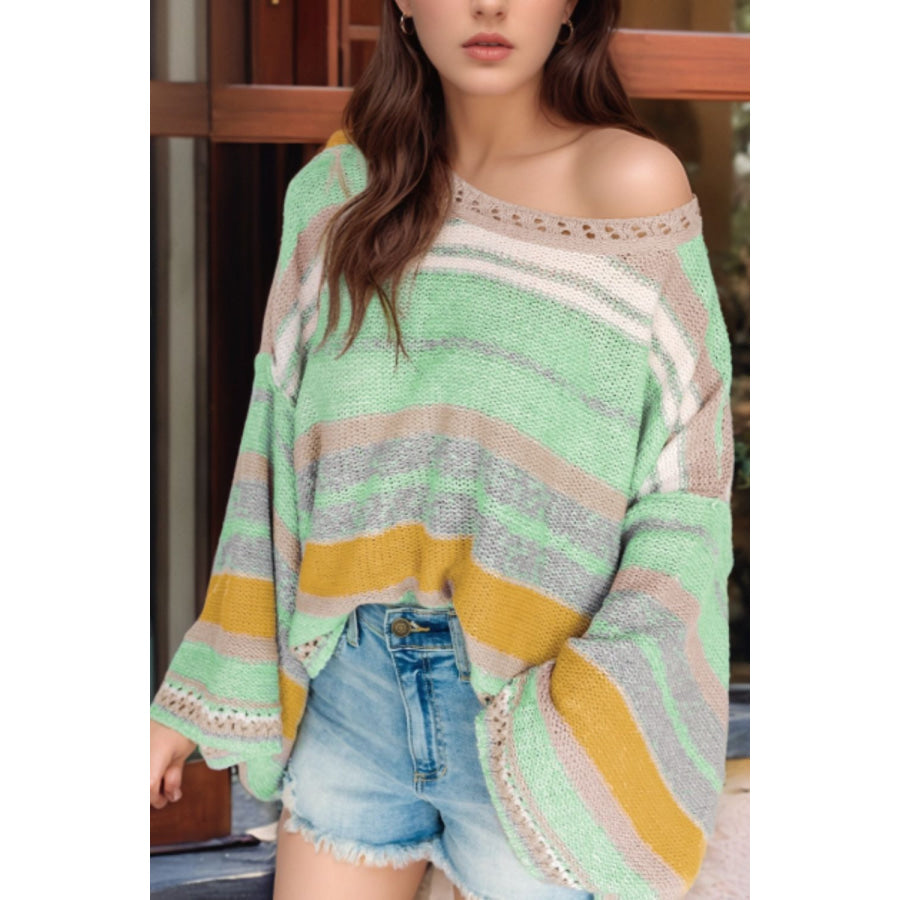 Contrast Striped Boat Neck Dropped Shoulder Sweater Gum Leaf / S Apparel and Accessories