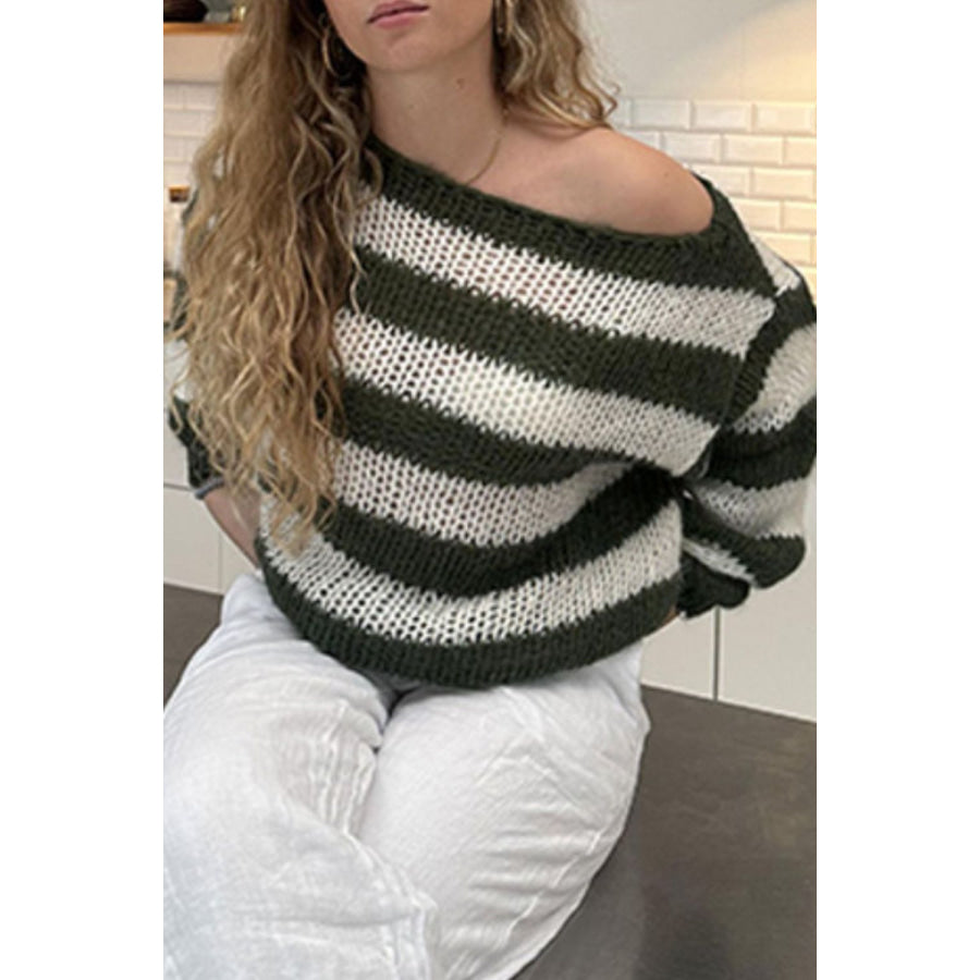 Contrast Striped Boat Neck Long Sleeve Sweater Apparel and Accessories